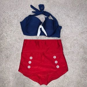 Fables by Barrie pin up sailor bikini.  High waisted red bottoms szM, top szL